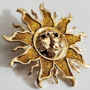Sun brooch pin gold sparkly enamel crystals celestial artsy vintage style NEW